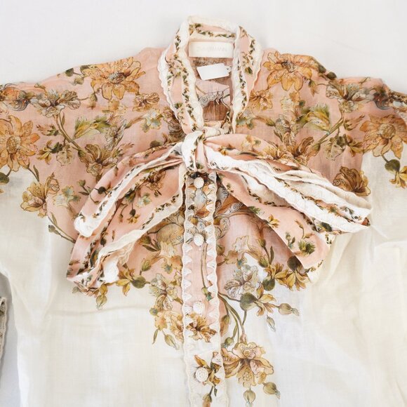 Zimmermann Chintz Tie-Neck Blouse And Mini Shorts In Pink Daisy Floral Size 0P/1 - Picture 5 of 14